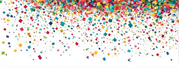 abstract New Year’s Eve confetti explosion, with minimalist colored squares and circles falling through an empty white background