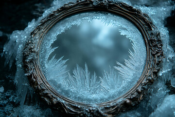 A beautiful, icy mirror framed in ornate gold, surrounded by frost, creating a mystical atmosphere with intricate ice patterns.
