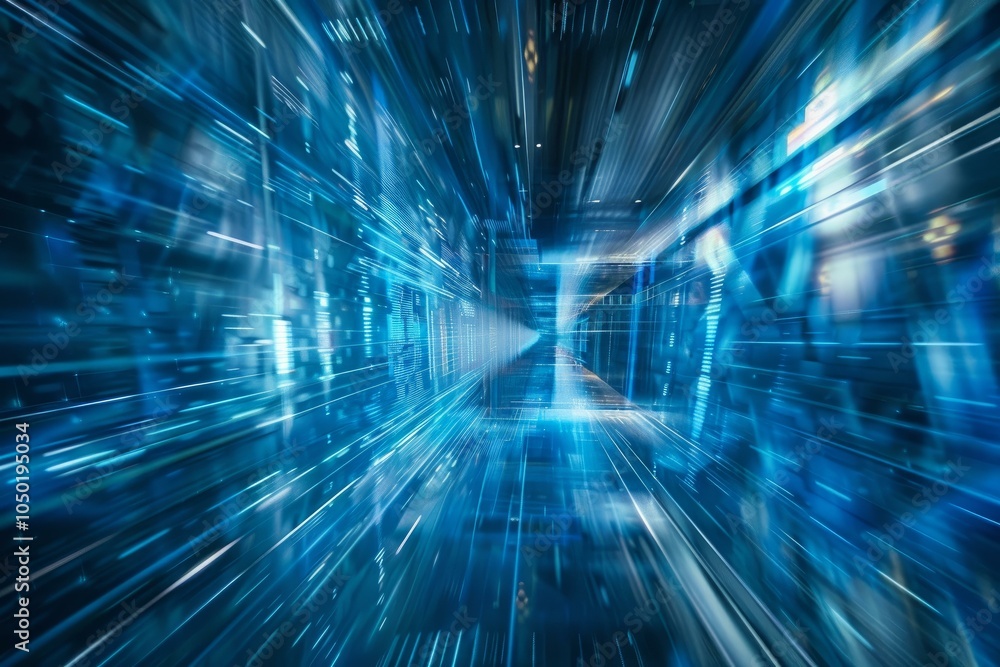 Poster abstract futuristic technology speed tunnel with streaks of light and blue motion in a highspeed dig