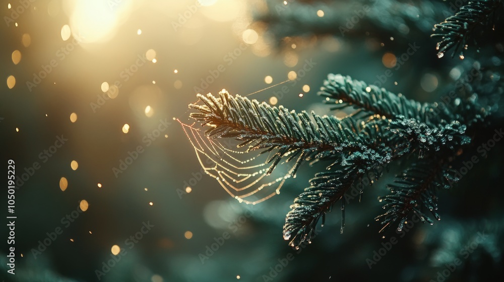 Poster close-up of a pine tree branch with a spiderweb and dew drops.