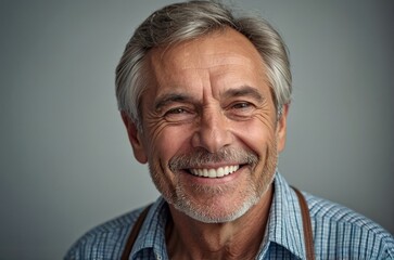 Obraz premium Smiling elderly man indoors, promoting senior health insurance and dental services.