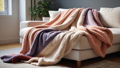 A cozy plush throw blanket with a soft texture, perfect for snuggling up on chilly evenings while adding warmth to any living space, Generative AI