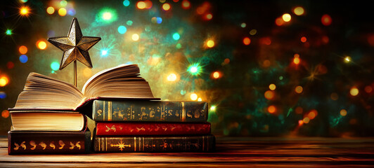 New Year abstract background. Books in the form of a Christmas tree