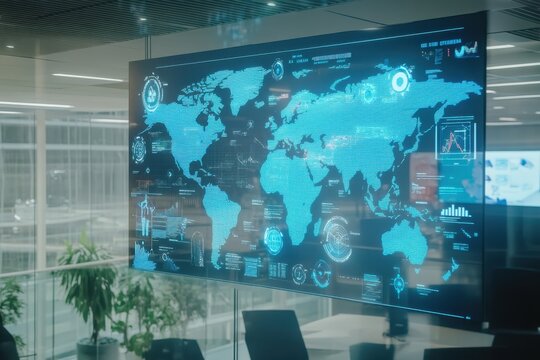 A dynamic business infographic presenting global market trends with a world map, line charts, and icons, set in a high-tech office environment with large digital screens