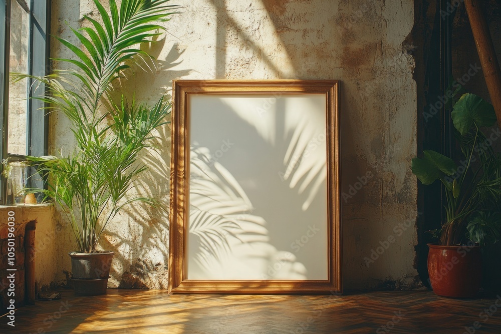 Poster empty frame mockup leaning on concrete wall in room with plants and sunlight creating shadows