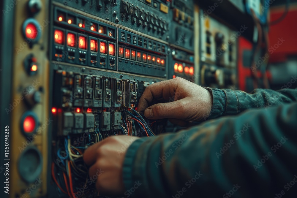 Poster Electrician connecting wires to control panel in factory