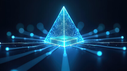 A floating, glowing blue pyramid with a cybernetic theme.