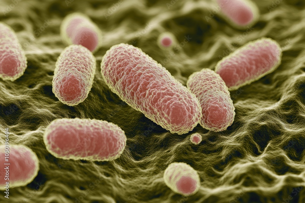 Poster microscopic view of rod-shaped bacteria colonizing a surface