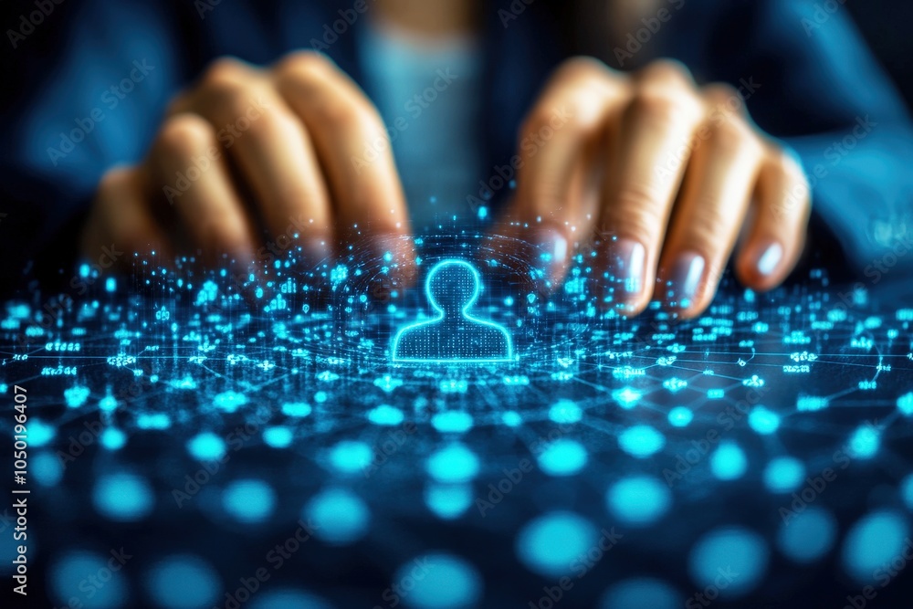 Poster connecting the dots: a woman's hands interact with a glowing digital network, signifying the power o