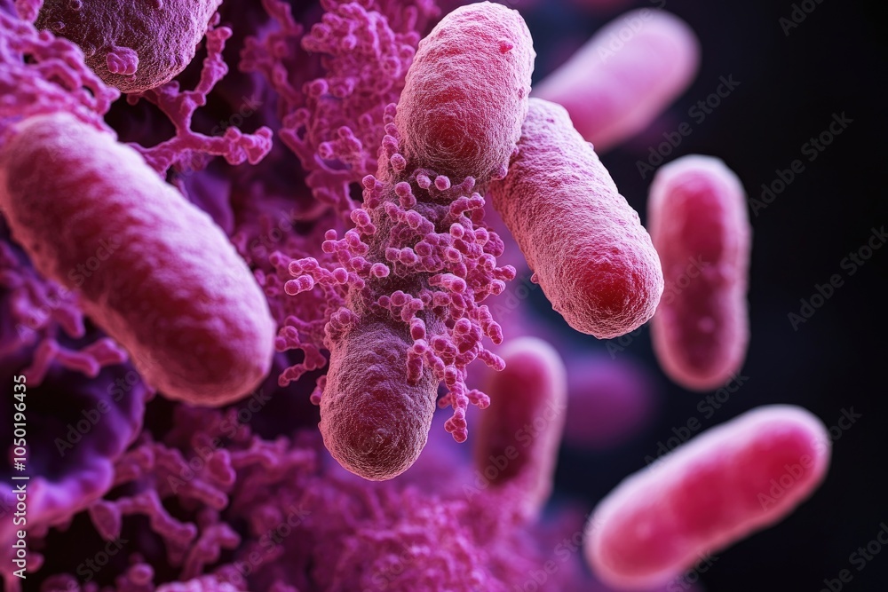 Poster microscopic view of rod-shaped bacteria multiplying and spreading infection