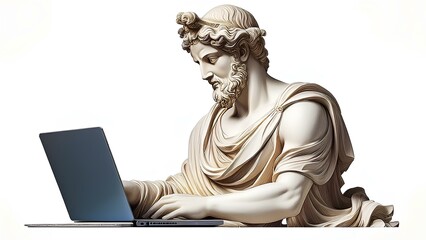 Greek sculpture with laptop on white background. Sculpture of Greek philosopher in front of computer.