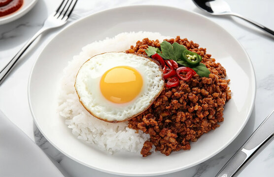 Spicy minced pork pad kra pao, minced pork stir-fried with holy basil leaves, served with plain cooked rice and a fried egg, a popular Thai single dish served from street food carts to restaurants.