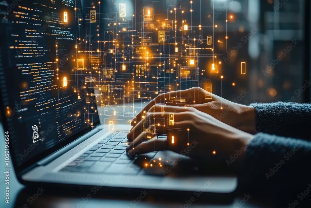 Leinwandbilder Software engineer typing code on laptop generating digital data network connection