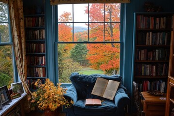 Open book resting on armchair by window overlooking autumn forest