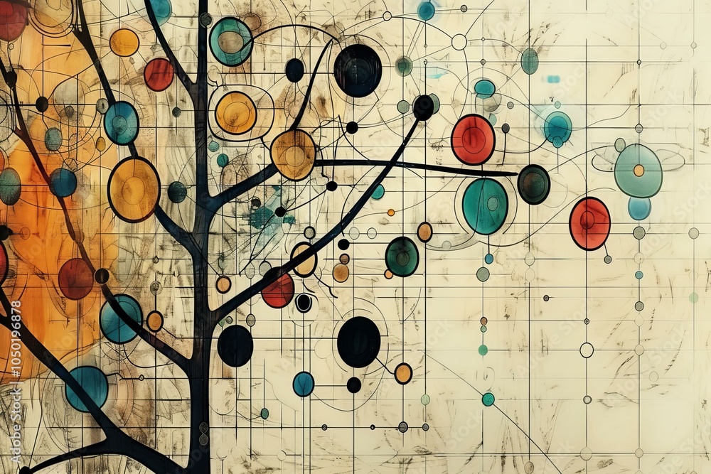 Poster abstract tree growing with connected circles representing data connection and information analysis