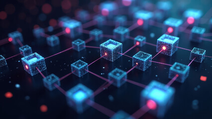 Obraz premium Futuristic digital landscape with interconnected glowing cubes and a dark background.