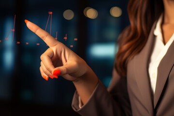 A business professional dressed in formal attire points to a glowing digital display of fluctuating data metrics in a contemporary office, indicating analysis and focus