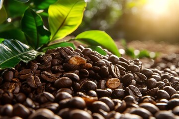 Obraz premium Close-up of fresh roasted coffee beans on the ground with vibrant green leaves, capturing a warm sunlight glow.