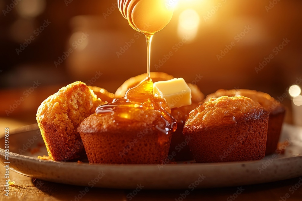 Aufkleber golden muffins topped with melting butter and drizzled honey, creating a tempting and appetizing sce