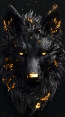 Golden Accents on Black Wolf Head in Dark Fantasy Art