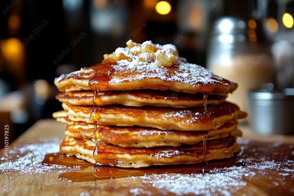 Poster a delicious stack of fluffy pancakes drizzled with syrup and topped with walnuts and powdered sugar.