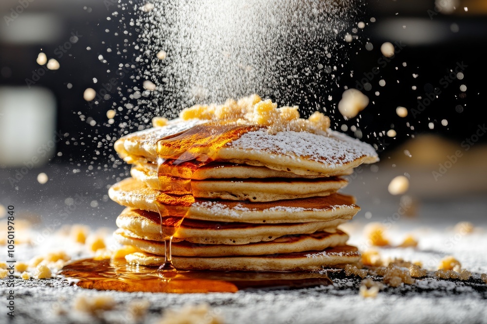 Poster delicious stack of pancakes drizzled with syrup and topped with powdered sugar, creating a mouthwate