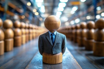 The Wooden Suit: A symbolic wooden figure in a business suit stands out in a line of identical figures, capturing the essence of individuality and leadership in a corporate world.  