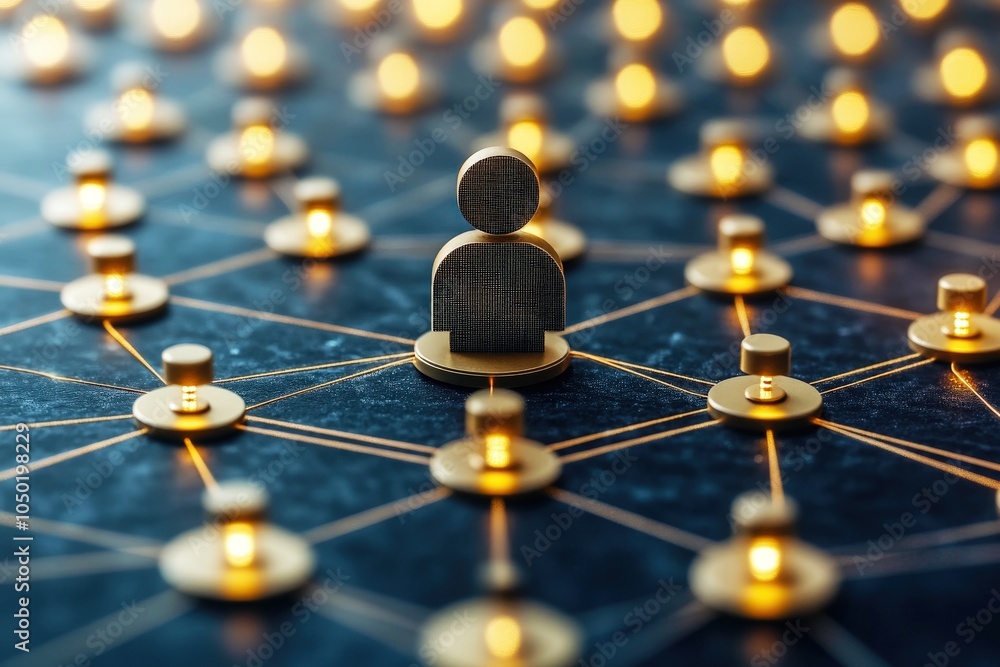 Aufkleber networking and connection: a central wooden figure is illuminated, symbolizing a key player within a