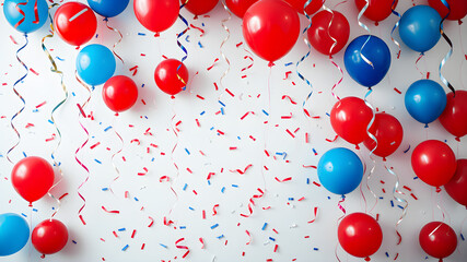 A lively background filled with red and blue balloons, streamers, and confetti on a white backdrop, creating a festive and celebratory atmosphere