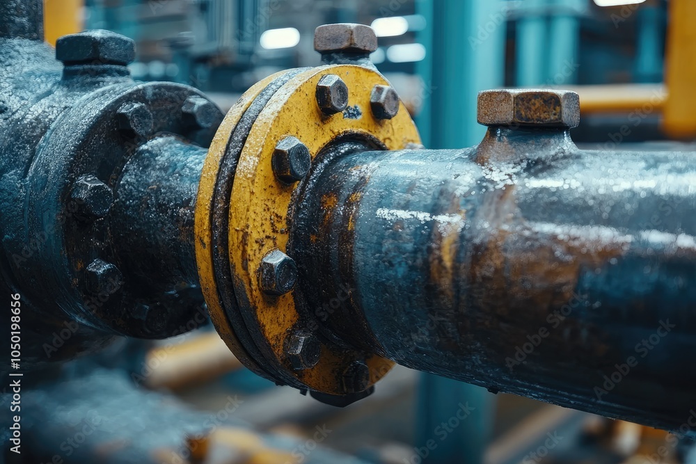 Poster industrial pipeline showing yellow flange connecting pipes in a factory