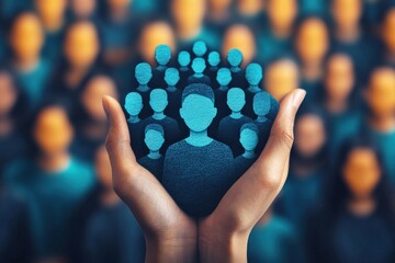 Protecting Your Valuable Team: Hands gently cradling a cluster of teal human icons, symbolizing the importance of employee care and retention within a larger organization.  