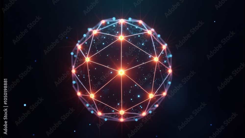 Poster a glowing sphere with a network of light lines, resembling a neural network or futuristic energy sou