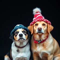two dogs in santa claus hats. 