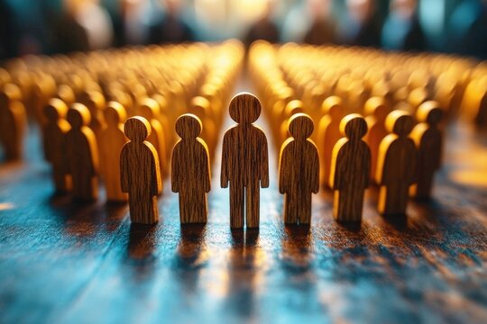 Leader of the Pack: A single wooden figure stands tall, surrounded by a sea of similar figures, symbolizing leadership, unity, and the power of collective effort. The warm.