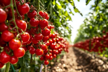 Obraz premium Vibrant red cherry tomatoes hanging in a lush green greenhouse, ready for harvest.