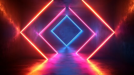 Vibrant neon lights illuminate a geometric hallway creating an energetic atmosphere during a late-night event