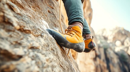 A rock climber's feet on a rock face, with the cliff in the background. - Powered by Adobe