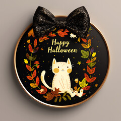 Obraz premium Premium Happy Halloween Round template with Cat, pumpkin, decorated with vines and leaves, 