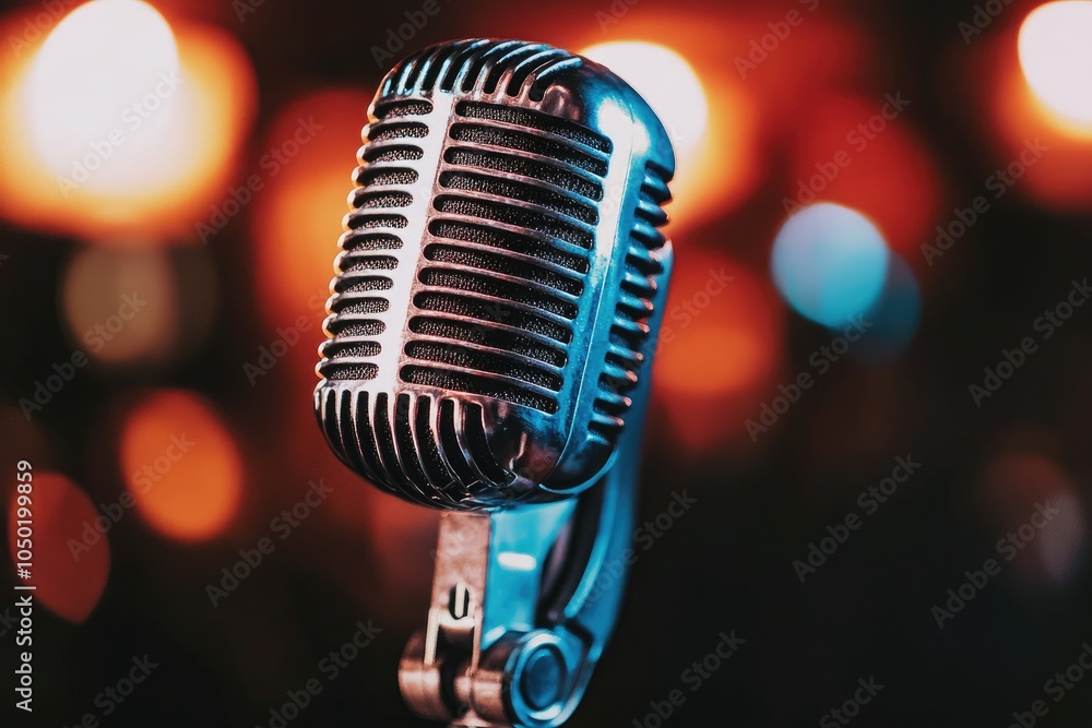 Poster vintage microphone on stage with colorful bokeh lights