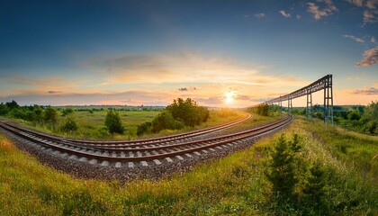 Fototapeta premium panoramic view of the crossing railway in sunset in summer