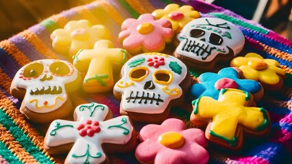 Obraz premium Festive Day of the Dead Cookies on Colorful Woven Cloth in Sunlight