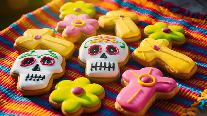 Fototapeta premium Sweet Day of the Dead Cookies on Colorful Woven Cloth in Sunlight