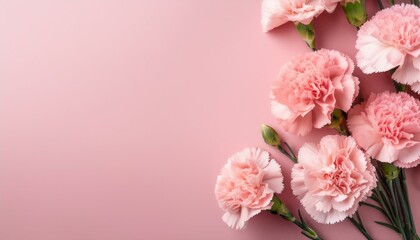 pink carnations on pink background banner with flowers in pastel colours