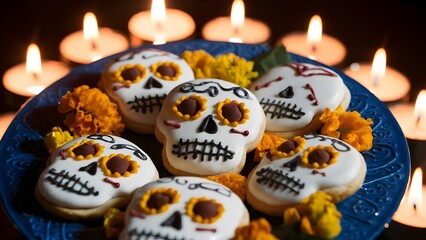 Day of the Dead Celebration with Sugar Cookies shaped in the form of Skulls and Marigolds in Candlelight
