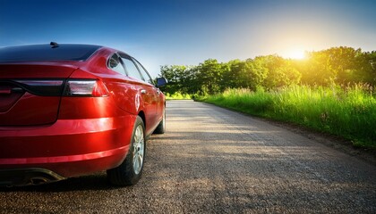 Fototapeta premium red car on the road in the natural park