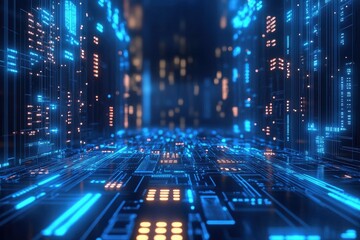 Obraz premium Futuristic circuit board forming an endless cityscape at night