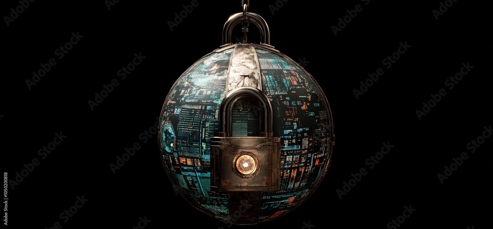 Poster a metallic globe with a padlock on its surface hangs from a chain against a black background.