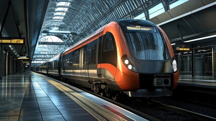 Fototapeta premium Modern train ready at a station platform, symbolizing fast and reliable urban commuting, perfect for transportation ads