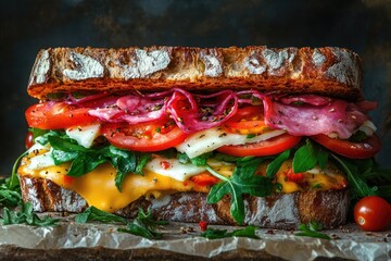 Delicious sandwich prepared with tomatoes, arugula, cheese, and pickled onions