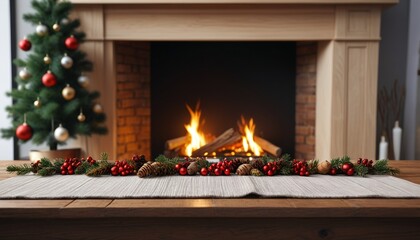 A cozy empty wooden table adorned with a festive runner and placed in front of a crackling fireplace, embodying the essence of Christmas warmth, Generative AI